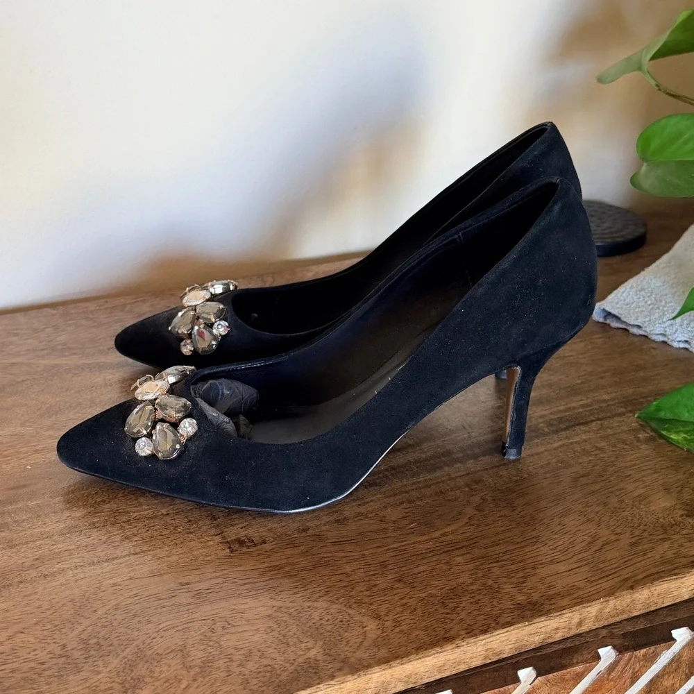 Sole Society Pump Womens 8 Black Crystal‎ Embellished Suede Pointed Toe Stiletto